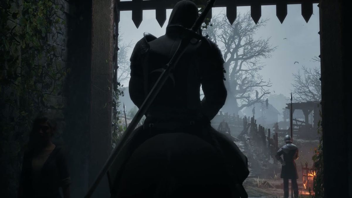 Official ArcheAge Chronicles trailer frame: a mounted pioneer looking out through a settlement gate