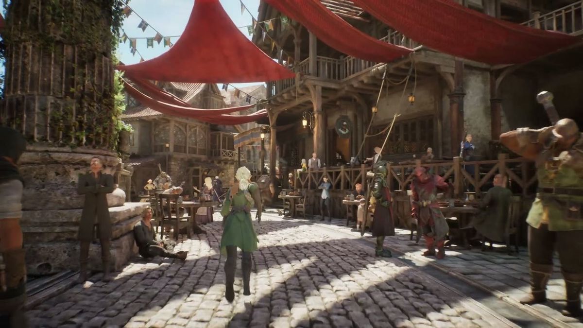 Official ArcheAge Chronicles trailer frame: a crowded market square under red canopies