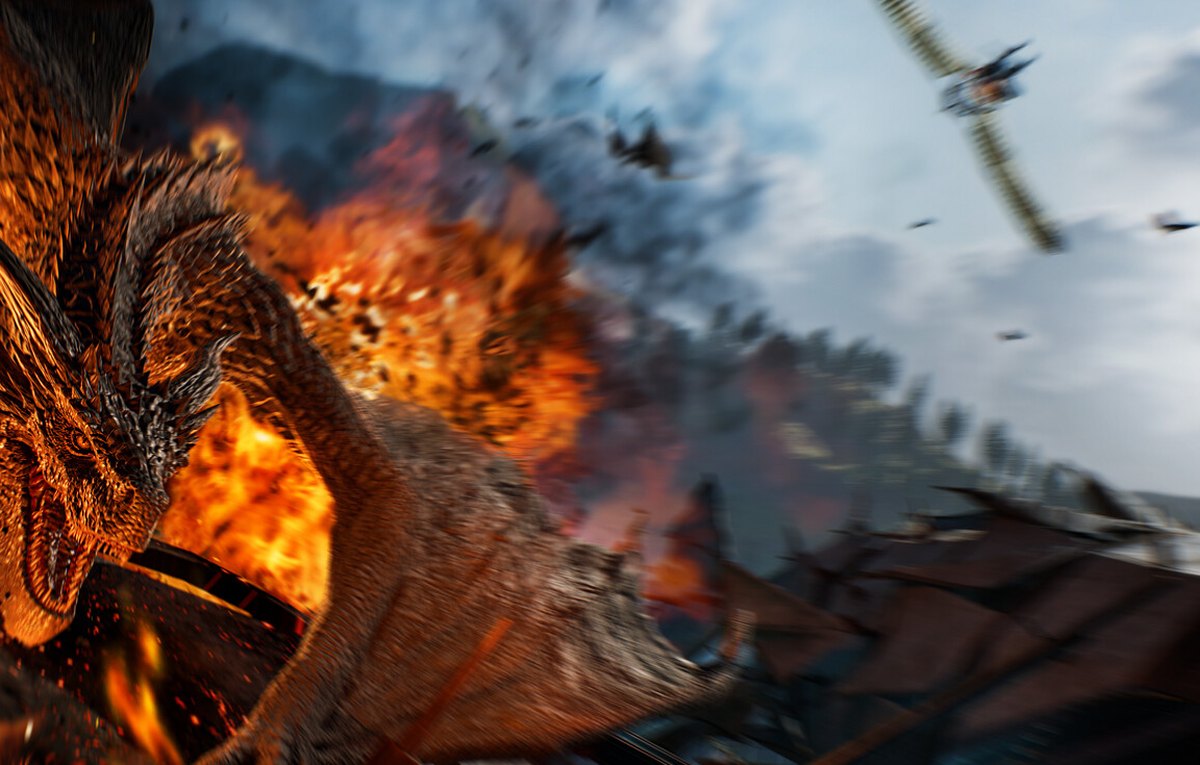 Close crop from an official ArcheAge Chronicles screenshot: a burning winged boss in a ruined courtyard