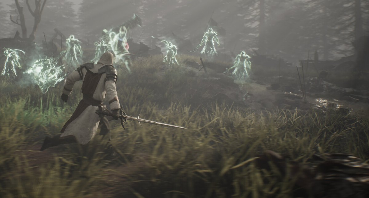 Close crop from an official ArcheAge Chronicles screenshot: a character facing a blue-lit creature in a forest