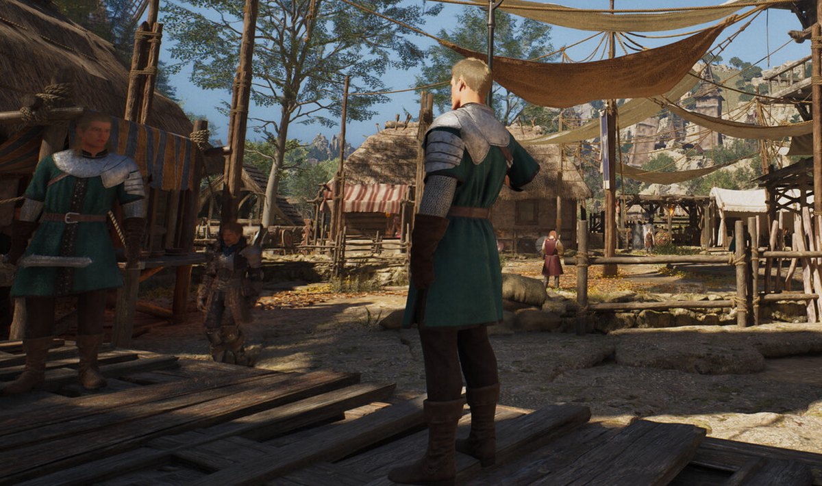 Close crop from an official ArcheAge Chronicles screenshot: a stall row in a frontier marketplace