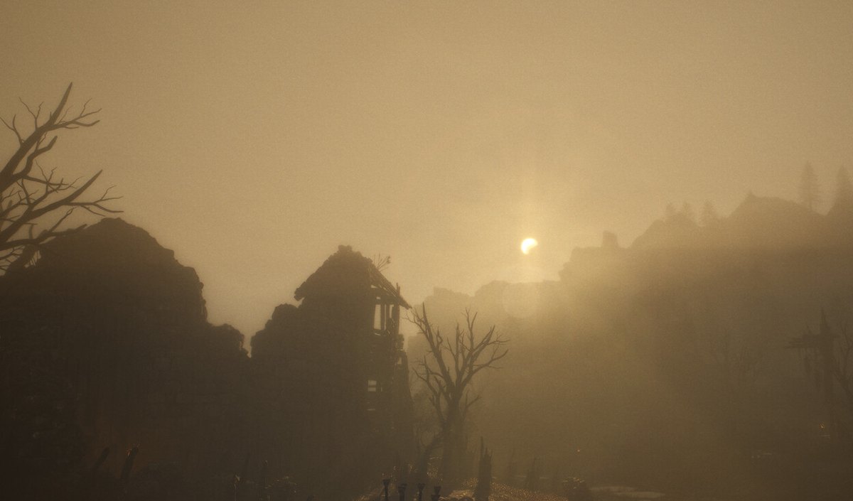 Close crop from an official ArcheAge Chronicles screenshot: ruins on a dead plain at dusk