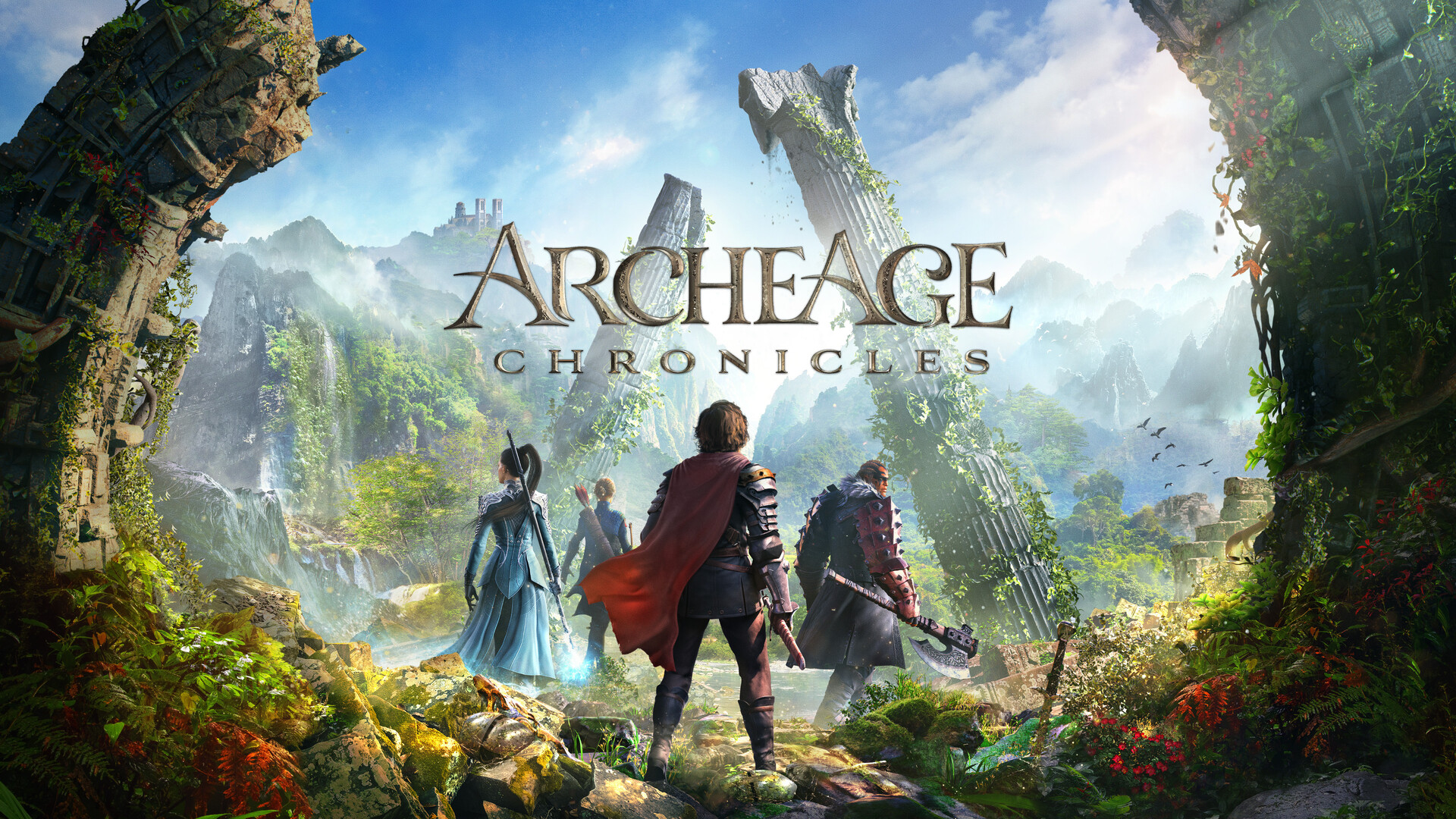 Official ArcheAge Chronicles screenshot: a pioneer party looking out over the ruins and jungle ridges of Auroria