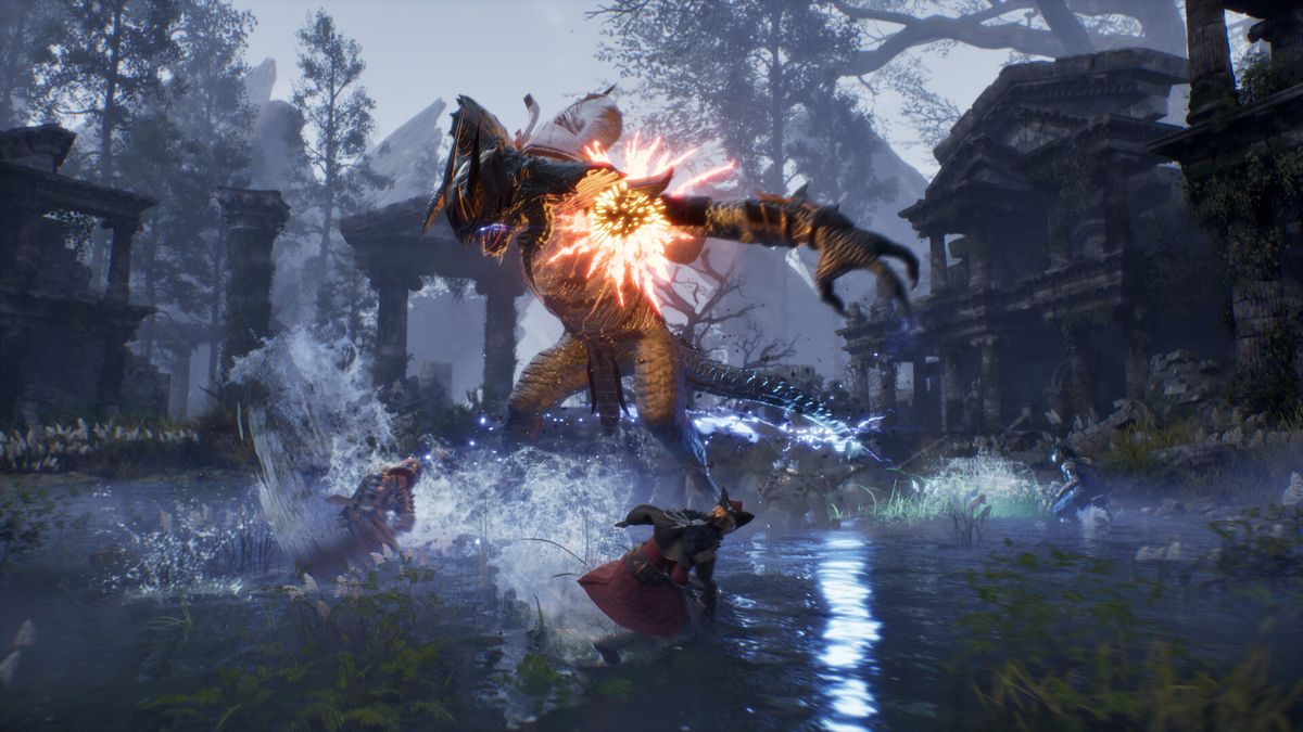 Official ArcheAge Chronicles screenshot: a fighter with a long blade and shield in a river fight
