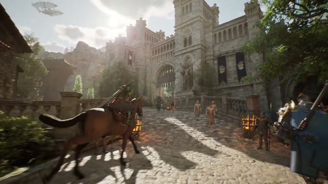 Official trailer frame: armoured pioneers walking a cobbled road toward a castle