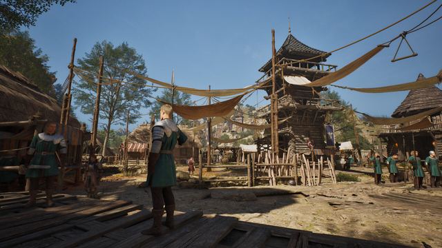 Official ArcheAge Chronicles screenshot: wooden watchtower and village rooftops in a frontier settlement