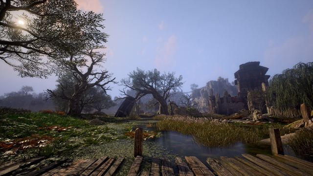 Official ArcheAge Chronicles screenshot: a rope bridge crossing a stream below ruined stonework