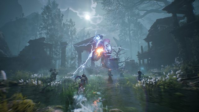 Official ArcheAge Chronicles screenshot: a shield-bearing fighter mid-swing against a monster
