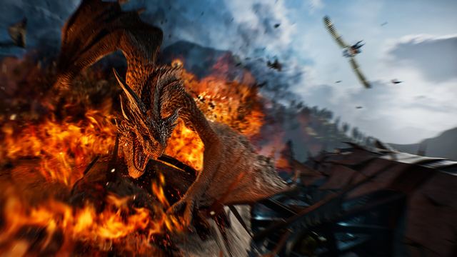 Official ArcheAge Chronicles screenshot: a dragon rearing over a ruined courtyard